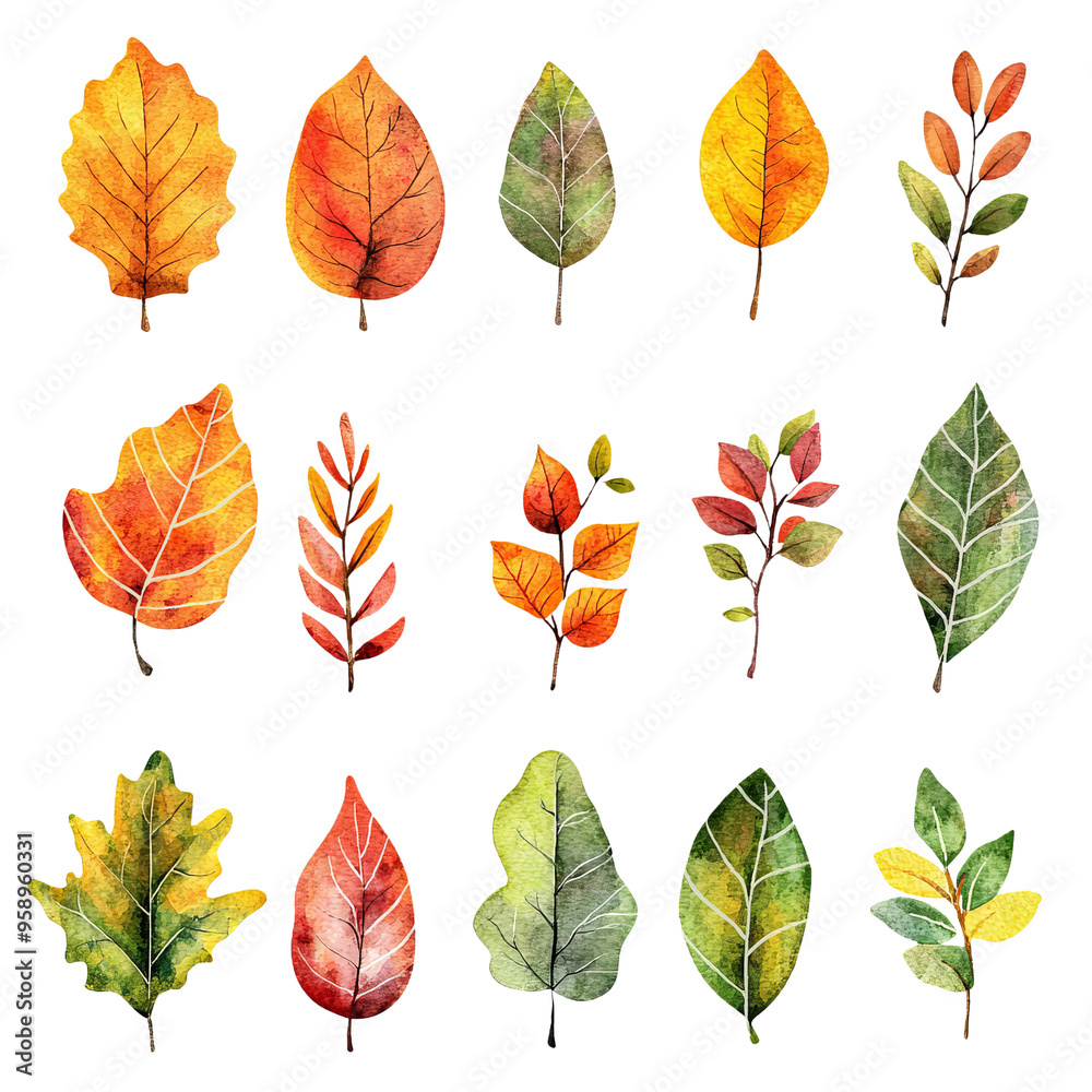 Fototapeta premium A vibrant collection of hand-painted autumn leaves in various shapes and colors, perfect for seasonal designs and illustrations.
