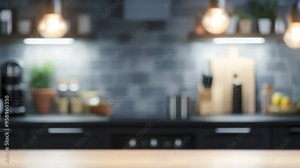 A blurred kitchen scene featuring shelves with plants, utensils, and warm lighting, creating a cozy atmosphere.