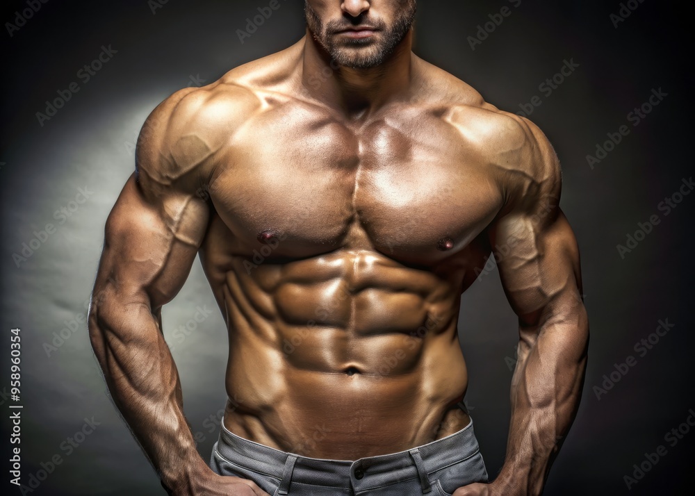 Close-up of toned, chiseled male torso, highlighting defined muscles, sleek skin, and athletic physique, exuding Close-up of toned, chiseled male torso, highlighting defined muscles, sleek skin, and athletic physique, exuding