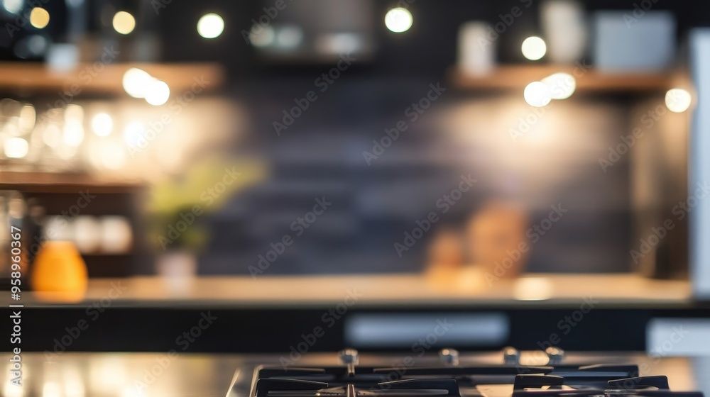 A modern kitchen with a gas stove and soft lighting, creating a cozy atmosphere for cooking and dining. A modern kitchen with a gas stove and soft lighting, creating a cozy atmosphere for cooking and dining.