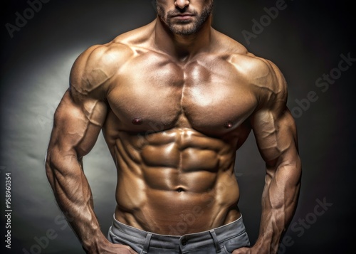 Close-up of toned, chiseled male torso, highlighting defined muscles, sleek skin, and athletic physique, exuding