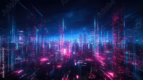 Panoramic view of a neon-illuminated cityscape featuring advanced urban architecture and high-tech digital effects. Ideal for futuristic themes.