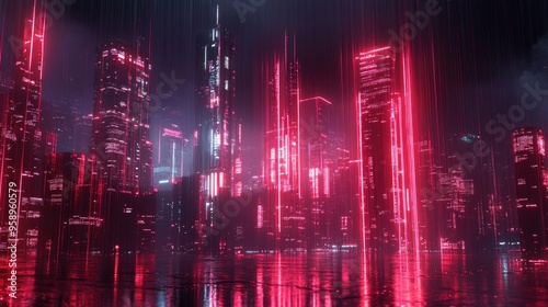 Panoramic view of a neon-lit cityscape with cutting-edge urban architecture and futuristic digital effects. Perfect for high-tech and science concepts.