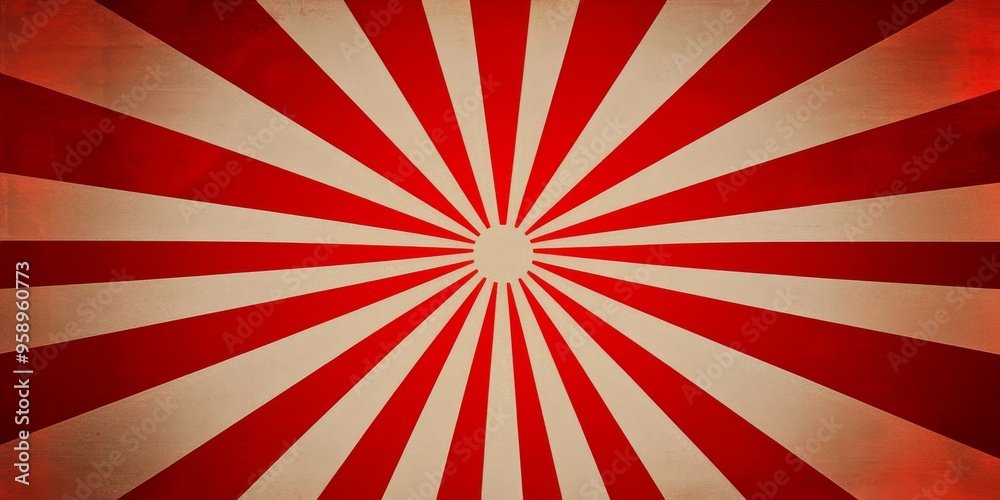 Fototapeta premium A red background crossed by light grey rays originating from the centre, radiating in all directions. Abstract background with dynamic effect with rays.