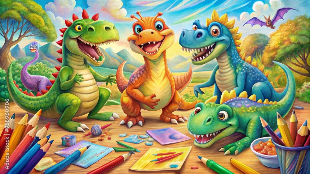 Naklejka premium Colorful illustration of happy, smiling dinosaurs holding crayons and pencils, creating vibrant artwork surrounded by