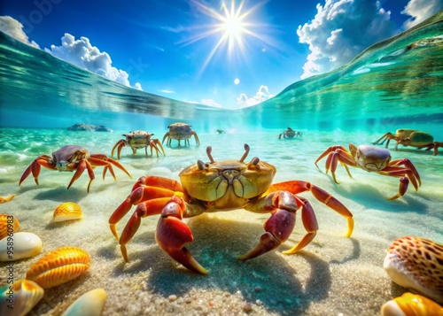 Colorful ocean crabs scuttle across the sandy seafloor, their vibrant shells glistening in the sunlight filtering down photo