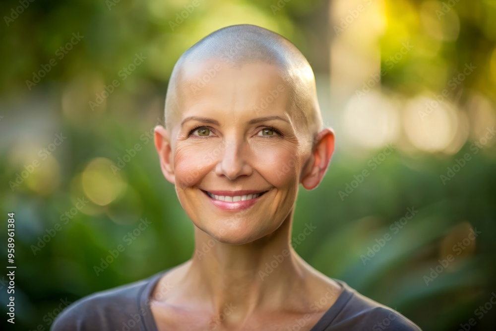 Confident mature woman with a shaved bald head, warm smile, and gentle eyes, standing against a soft focus Confident mature woman with a shaved bald head, warm smile, and gentle eyes, standing against a soft focus