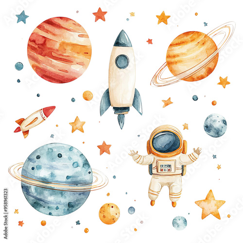 A whimsical, colorful watercolor space scene featuring planets, rockets, and an astronaut among stars.