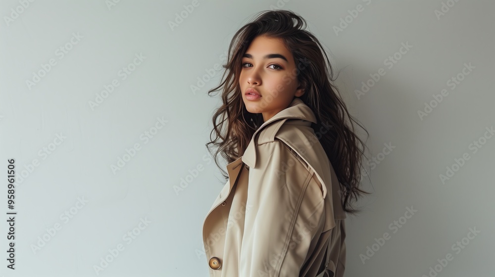 A young girl with long dark hair. She is wearing a light trench coat. The background is neutral and minimalistic, which emphasizes the central figure of the model.