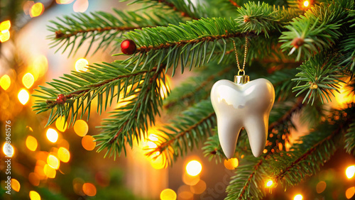 A unique Christmas ornament shaped like a tooth hangs on a tree, surrounded by twinkling lights and festive greenery. A perfect background for dental-themed holiday greetings or text.
