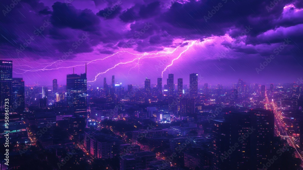 Fototapeta premium Purple lightning storm over the city, with bolts illuminating the night sky and casting a vibrant glow over the urban landscape, creating a stunning visual effect.