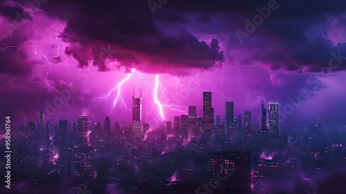 Purple lightning storm sweeping over the city, with dramatic flashes of light highlighting the urban environment, creating a striking contrast against the night.