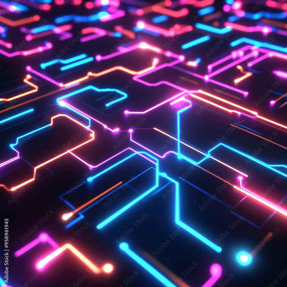 A futuristic design of interlocking circuits with neon colors. A futuristic design of interlocking circuits with neon colors.