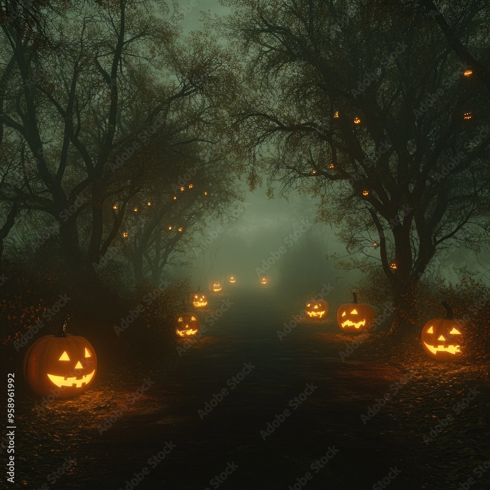 Enchanted Forest Trail at Night with Glowing Pumpkins and Ghostly Figures Amidst the Fog Enchanted Forest Trail at Night with Glowing Pumpkins and Ghostly Figures Amidst the Fog