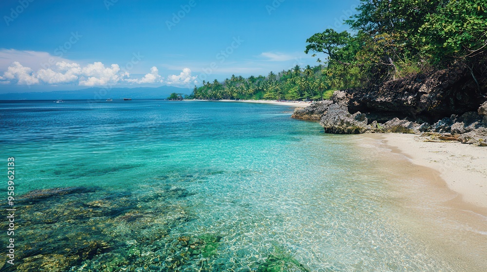 Scenic tropical beach with clear turquoise water, soft sand, and lush greenery under a bright blue sky. Perfect for vacation dreams. Scenic tropical beach with clear turquoise water, soft sand, and lush greenery under a bright blue sky. Perfect for vacation dreams.