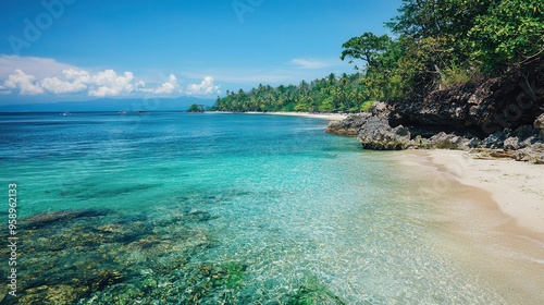 Scenic tropical beach with clear turquoise water, soft sand, and lush greenery under a bright blue sky. Perfect for vacation dreams.