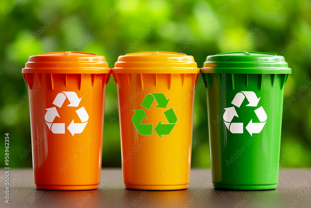 Three recycling bins in vibrant orange, yellow, and green are placed in a lush garden. Each bin displays the recycling symbol, encouraging responsible waste disposal Three recycling bins in vibrant orange, yellow, and green are placed in a lush garden. Each bin displays the recycling symbol, encouraging responsible waste disposal