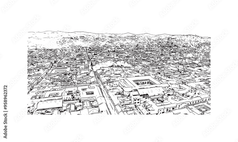 Obraz premium Building view with landmark of Sucre is the capital city in Bolivia. Hand drawn sketch illustration in vector.
