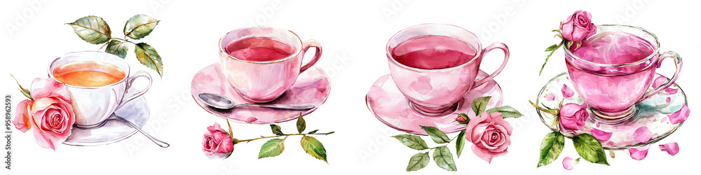 Charming collection of pink teacups adorned with roses, perfect for tea time or floral-themed decor. Charming collection of pink teacups adorned with roses, perfect for tea time or floral-themed decor.