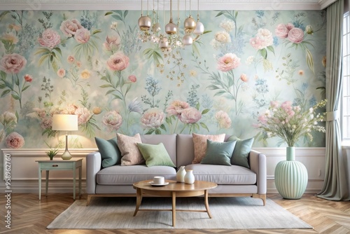 Elegant, pastel-hued wallpaper with subtle floral patterns and soft, watercolor-inspired design elements creates a