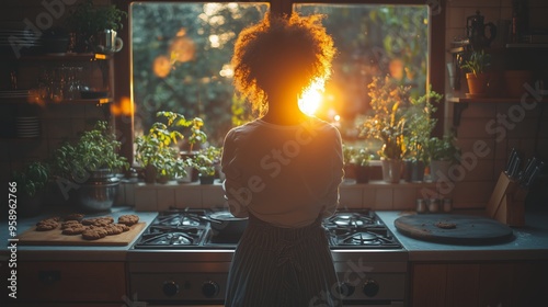 A person stands in a cozy kitchen watching the sunset while cookies bake nearby, surrounded by lush plants in the evening light