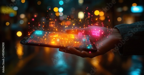 Hand holding a smartphone with glowing digital icons