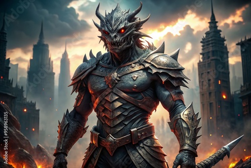 Fearsome, scaly, red-eyed draconian alien warrior stands tall, clad in dark, tattered armor, gripping a razor-sharp