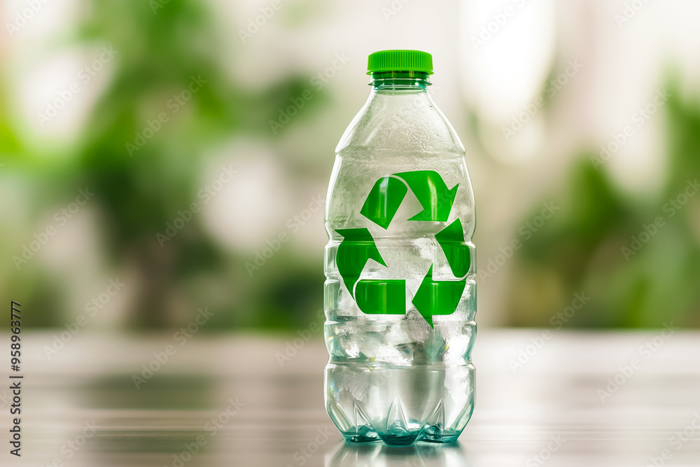 A transparent plastic bottle filled with water stands prominently, featuring a green recycling symbol. The background shows soft green foliage, emphasizing eco-friendliness A transparent plastic bottle filled with water stands prominently, featuring a green recycling symbol. The background shows soft green foliage, emphasizing eco-friendliness