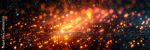 Abstract circuit board with warm glowing lights and bokeh.