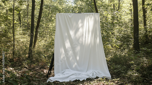 white linen cloth with legs spread out on drawing board in the middle of the forest, tropical forest background, outdoor photo studio style concept, Ai Generated Images