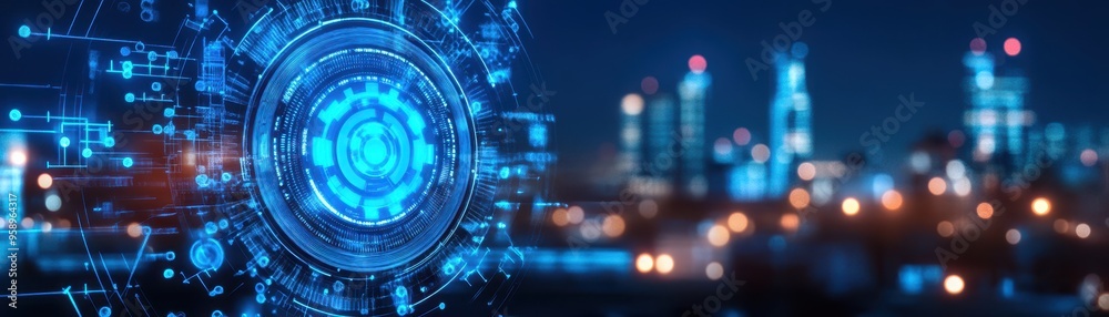 Futuristic technology concept with glowing blue circle and city lights at night, symbolizing innovation and digital advancement. Futuristic technology concept with glowing blue circle and city lights at night, symbolizing innovation and digital advancement.