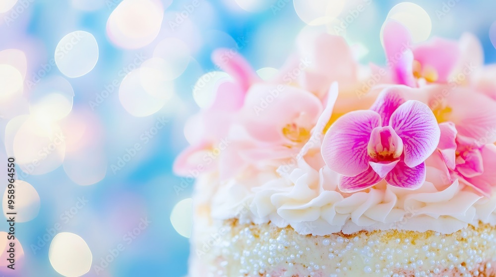 A beautifully decorated cake topped with pink orchids, set against a soft, blurred background of lights. A beautifully decorated cake topped with pink orchids, set against a soft, blurred background of lights.