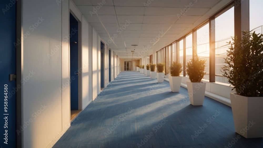 Fototapeta premium Empty office hallway with plants and sunlight casting shadows