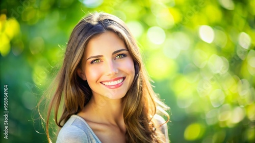 Gorgeous young adult female with flawless skin and bright smile, posing against a blurred green background, perfect for photo