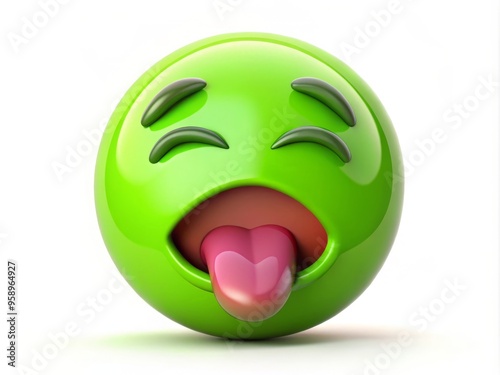 Green-Faced Emoji With An Open Mouth And Tongue Sticking Out, Eyes Closed, Symbolizing Nausea Or Vomiting. photo