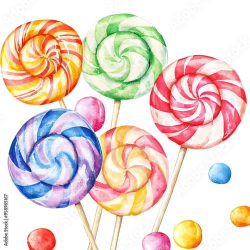 Colorful lollipops in various flavors, perfect for candy lovers and sweet-themed designs.
