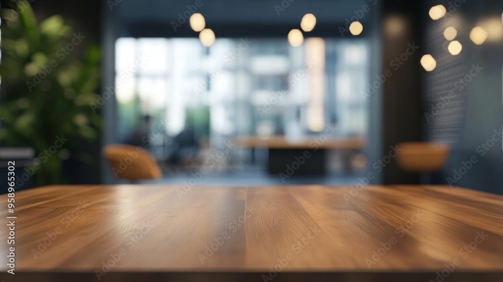 A blurred interior view of a modern workspace with a wooden table in the foreground.