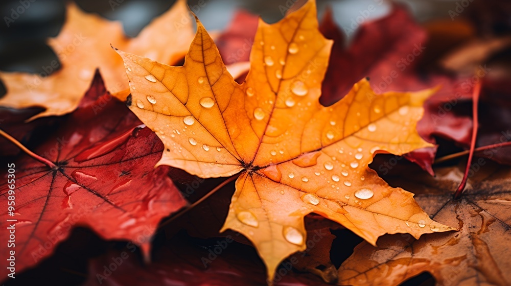 Zoomed in photo of orange maple leaf with water droplets over red maple leafs in background Zoomed in photo of orange maple leaf with water droplets over red maple leafs in background