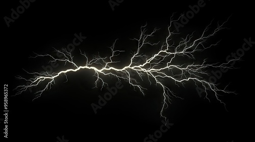 Stunning image of a lightning bolt with complex branches, isolated on a black background to emphasize the dramatic and striking features of the storm.