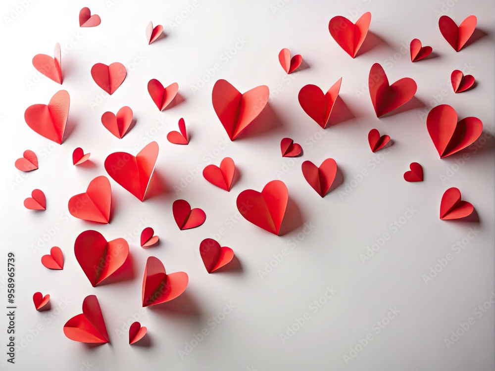 Red Paper Hearts Flutter Through The Air And Settle On A White Backdrop, Creating A Playful And Romantic Atmosphere. Red Paper Hearts Flutter Through The Air And Settle On A White Backdrop, Creating A Playful And Romantic Atmosphere.