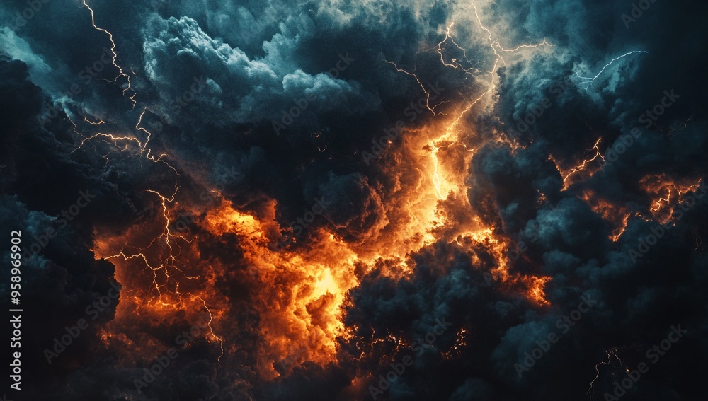 Fototapeta premium Dramatic Thunderstorm Clouds with Intense Lightning Strikes