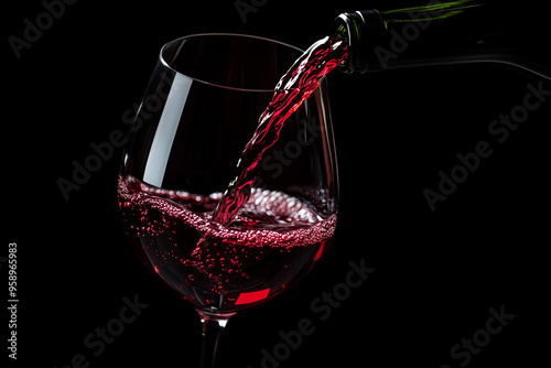 Red wine is poured into the glass from above.
