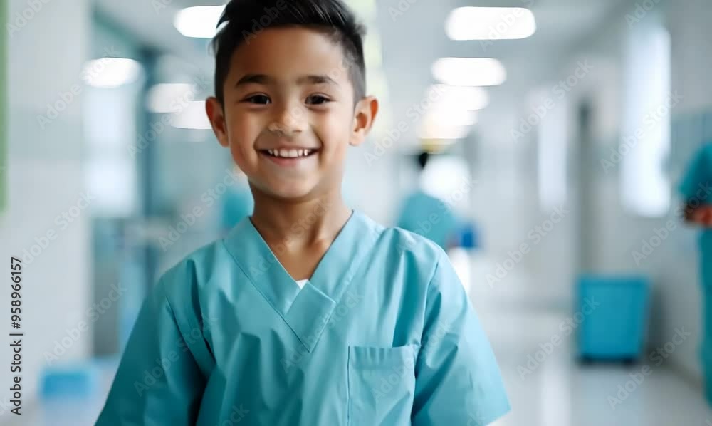 Portrait of smiling boy in medical uniform in corridor of hospital.