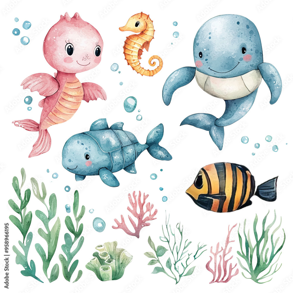 Colorful underwater scene featuring cute sea creatures and vibrant corals, perfect for children's art and marine-themed projects.