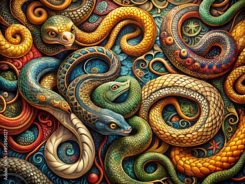 Intricately detailed illustrations of serpents in various styles, swirling patterns, and vibrant colors, featuring