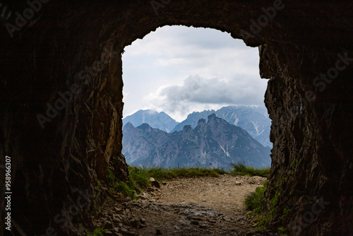 Hiking on Road of 52 Tunnels on the Pasubio massif in Veneto, Italy