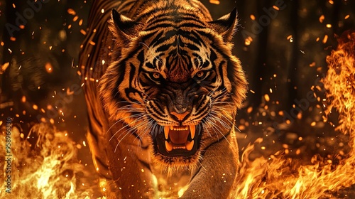 Close-up fierce tiger roaring with powerful energy vibrant fire forest backdrop intense details and glowing embers photo