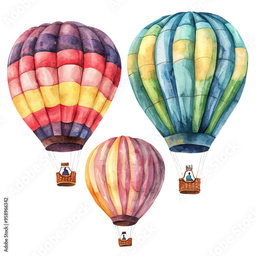 Colorful watercolor hot air balloons floating gracefully in the sky, perfect for travel and adventure themes.