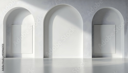 Minimalist white interior with three arches and blank canvases.