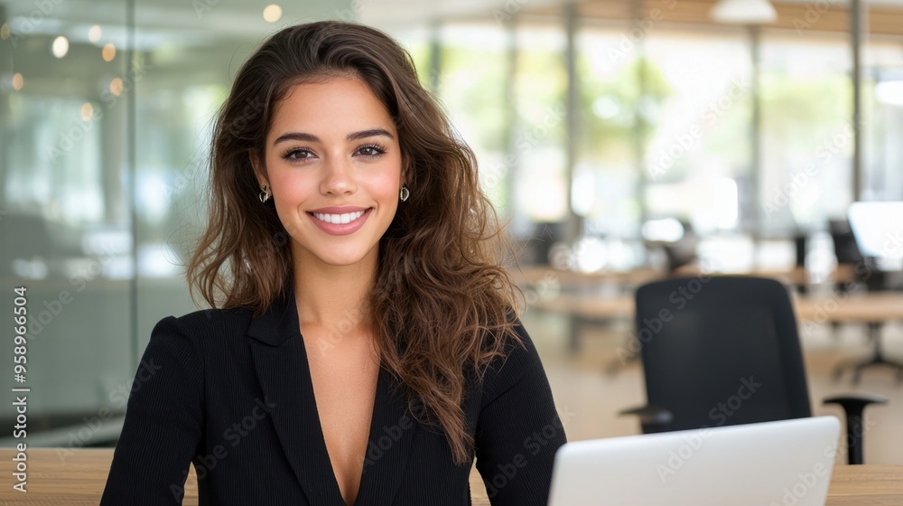 Successful Businesswoman Embracing Modern Work Environment, Working on Laptop in Glass Office Successful Businesswoman Embracing Modern Work Environment, Working on Laptop in Glass Office